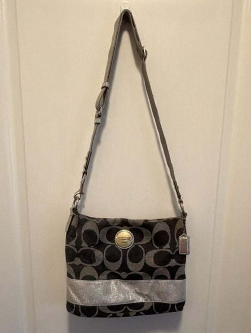 Coach Signature Denim Crossbody Bag with Metallic Silver Stripe